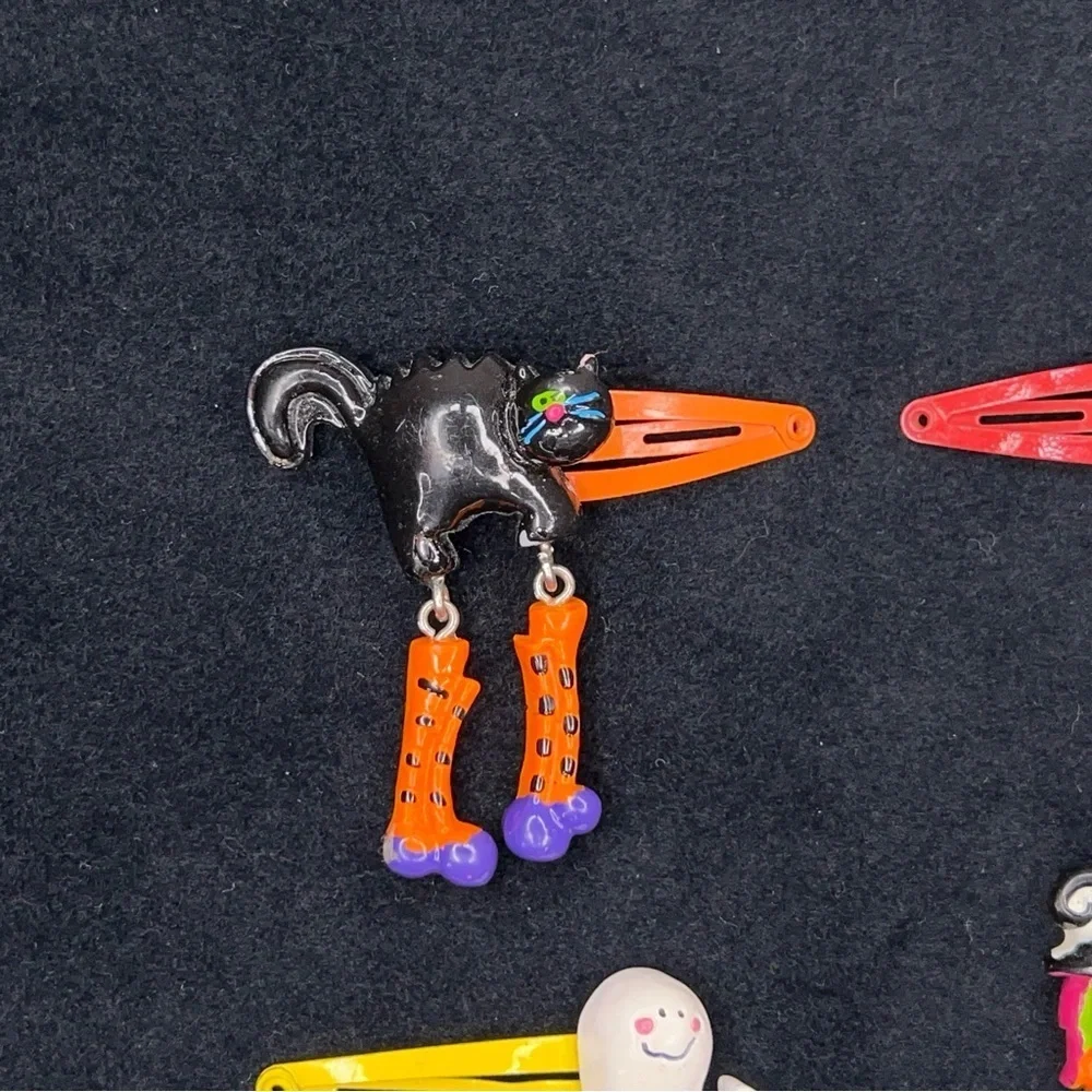 Vintage Set Of 4 Halloween 90s Era Hair Clips Orange Purple Ghost Witch Goth